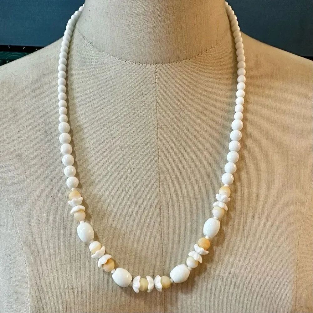 White milk glass long beaded necklace